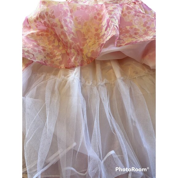 Girls 6X Floral Dress Cap-Sleeve Pink Yellow Sash Tie Button Back By Marmellata - Picture 5 of 7